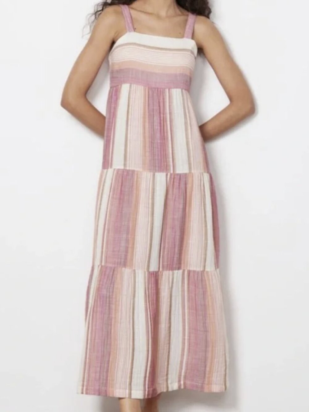 Faherty Sarah Tiered Oia Stripe Cotton Maxi Dress, Size L